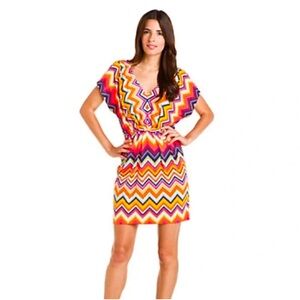 Trina Turk Zig Zag Rainbow Multicolor Colorful Cap Sleeve Dress Sz 2 Made in USA